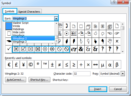 Wingdings Tick or Checkmark