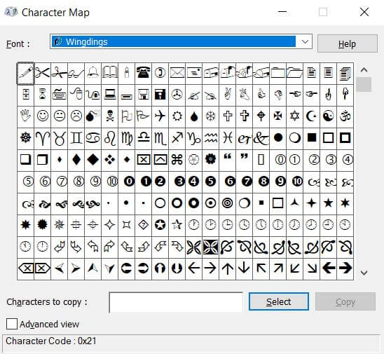 Character Map Wingdings